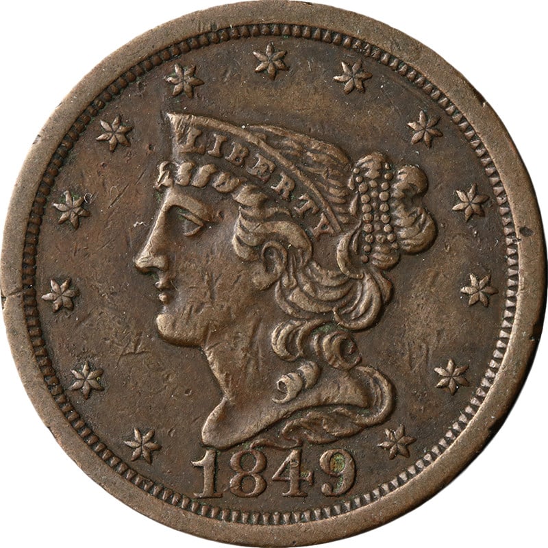 1849 Large Date Braided Hair Half Cent Choice XF C-1 R.2: 1849 Large Date Braided Hair Half Cent Choice XF C-1 R.2 Original 1849 Braided Hair Half Cent with Large Date variety. This circulated coin is described as Choice XF C-1 R.2 and offers great eye appea