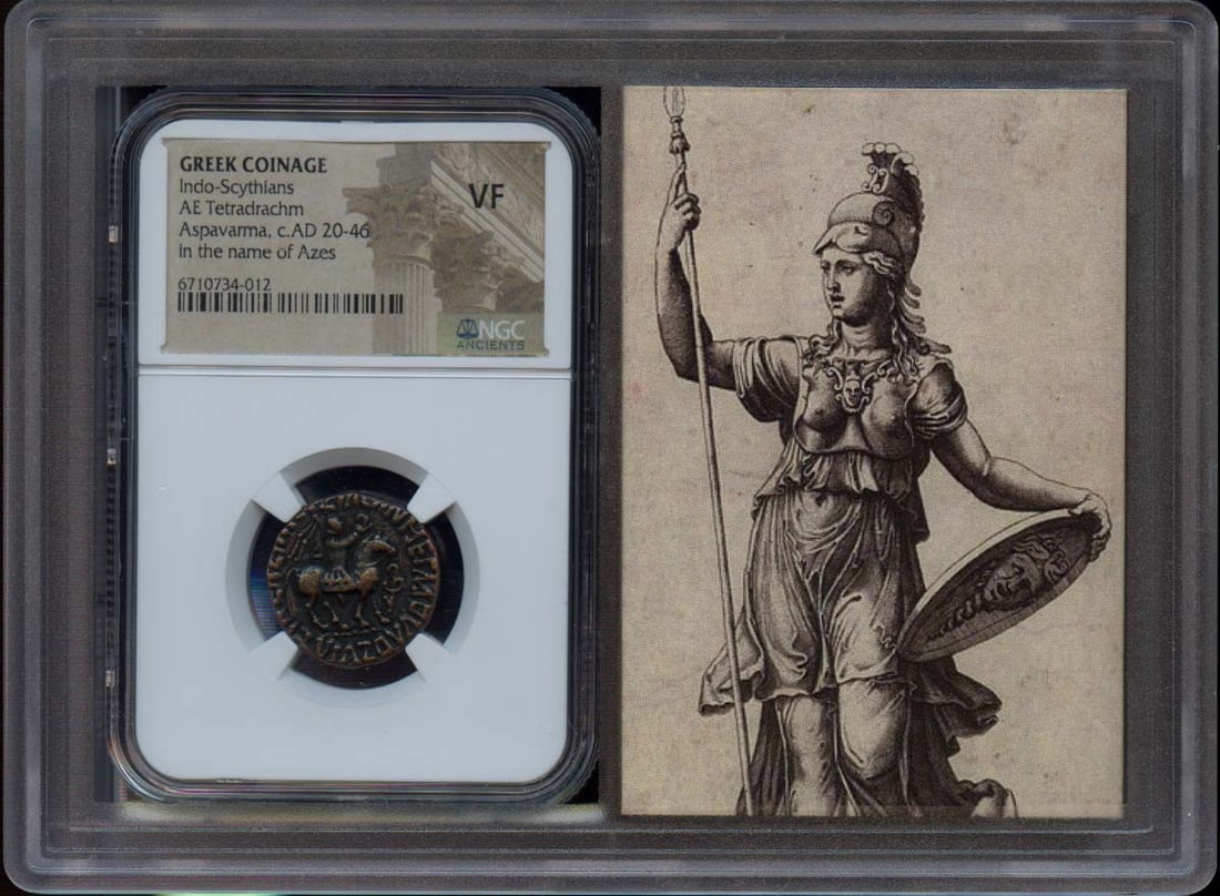 Aspsvsma Indo-Scythians BI Tetradrachm NGC Certified VF20 Coin: Aspsvsma Indo-Scythians BI Tetradrachm NGC Certified VF20 Coin This Indo-Scythian BI Tetradrachm, certified by NGC with a grade of VF20, showcases the historical craftsmanship of the time. The coin is