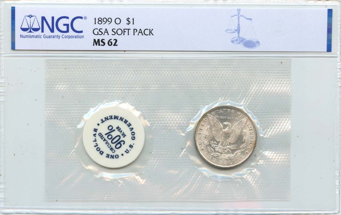 1899-O Morgan Silver Dollar NGC MS62 GSA Soft Pack Uncirculated: 1899-O Morgan Silver Dollar NGC MS62 GSA Soft Pack Uncirculated This 1899-O Morgan Dollar is presented in a GSA soft pack and has been certified by NGC with a grade of MS62. Minted in New Orleans, thi