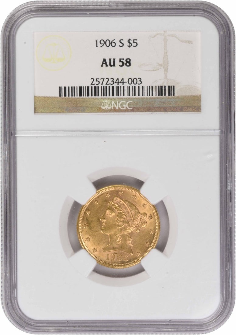 NGC AU58 1906-S Liberty Head $5 Gold Coin: NGC AU58 1906-S Liberty Head $5 Gold Coin 1906-S $5 Gold Liberty Head coin certified by NGC and graded AU58. This pre-1933 United States gold coin is a circulated, pre-owned example. Specifications Co
