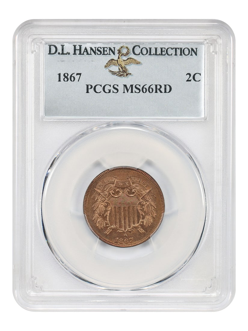 PCGS MS66RD 1867 Two Cent Coin ex D.L. Hansen: PCGS MS66RD 1867 Two Cent Coin ex D.L. Hansen 1867 Two Cent coin graded PCGS MS66RD. Bright mint red and red-orange color pairs with boldly struck surfaces. PCGS population is five in this grade, with