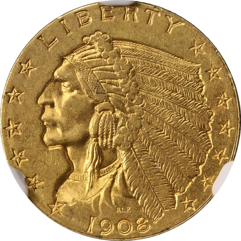 1908 Indian Head $2.50 Gold Coin NGC MS62: 1908 Indian Head $2.50 Gold Coin NGC MS62 This 1908 Indian Gold $2.50 coin is an original piece from the first year of issue. Graded MS62 by NGC, it features great eye appeal, attractive luster, and a
