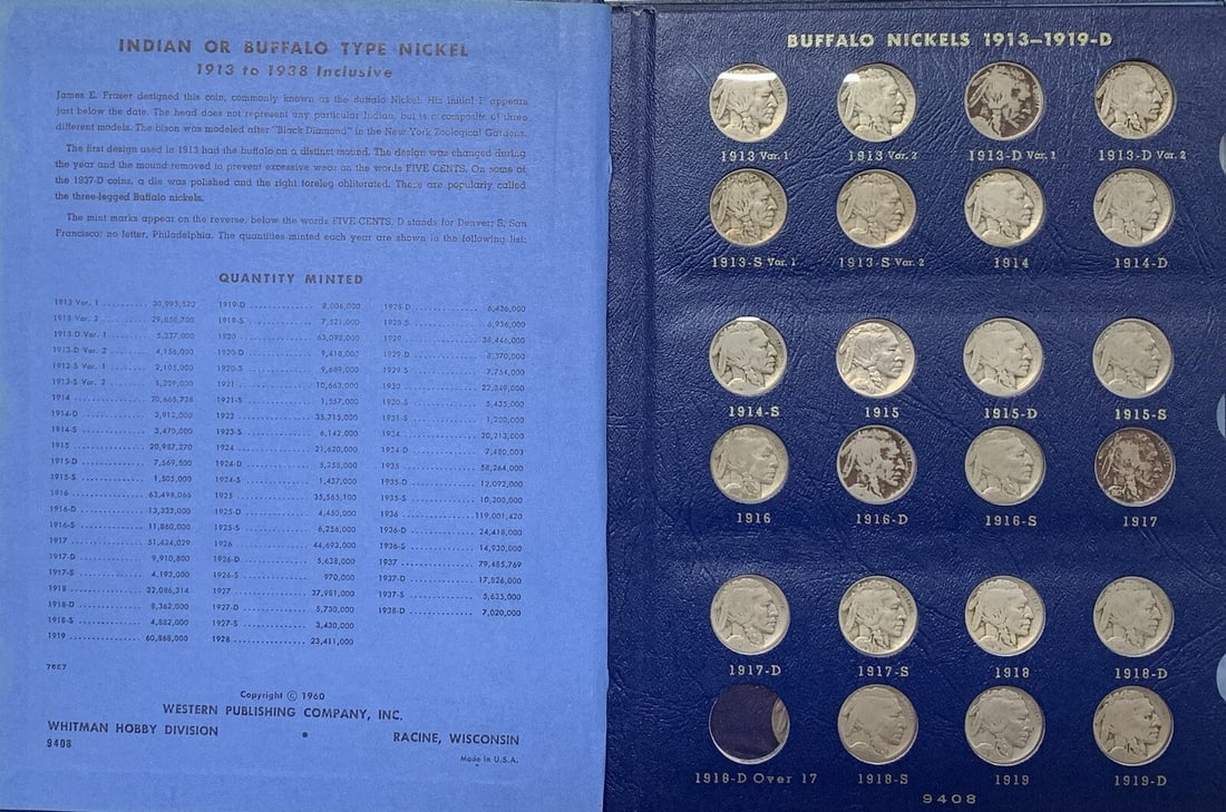 Complete 1913-1938 Buffalo Nickel Set With 1937-D 3 Leg In Whitman Album (1 of 10)