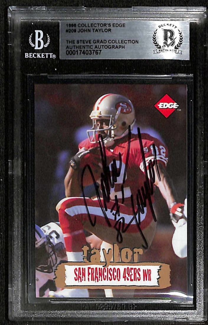 Autographed 1996 Collector's Edge #209 John Taylor Football Card Beckett Authenticated: Autographed 1996 Collector's Edge #209 John Taylor Football Card Beckett Authenticated This is an original 1996 Collector's Edge #209 sports trading card, autographed in black permanent marker by San 