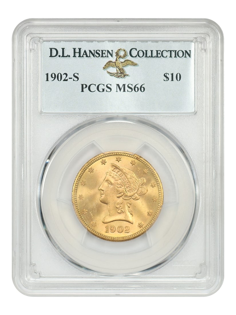 PCGS MS66 1902-S Liberty Head $10 Gold Coin ex D.L. Hansen: PCGS MS66 1902-S Liberty Head $10 Gold Coin ex D.L. Hansen 1902-S Liberty Head $10 gold coin graded PCGS MS66 and pedigreed ex: D.L. Hansen. This uncirculated example is described as readily available