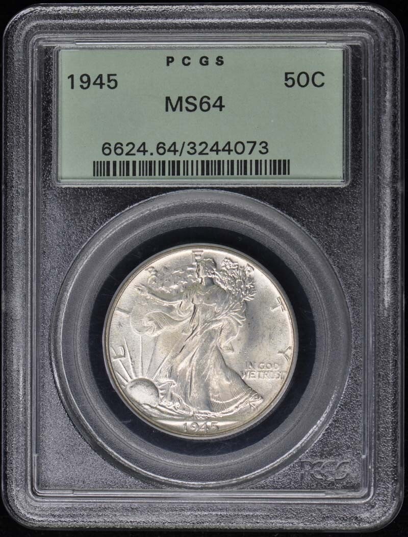 1945 Walking Liberty Half Dollar PCGS MS64 Uncirculated: 1945 Walking Liberty Half Dollar PCGS MS64 Uncirculated This 1945 Walking Liberty Half Dollar is certified by PCGS with a grade of MS64, indicating its uncirculated condition. Minted in Philadelphia, 