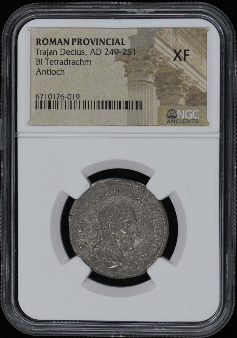 NGC XF40 Roman BI Tetradrachm Coin of Trajan Decius AD 249-251: NGC XF40 Roman BI Tetradrachm Coin of Trajan Decius AD 249-251 This Roman Provincial BI Tetradrachm dates to the reign of Trajan Decius, AD 249-251. The coin is certified by NGC with a grade of XF40, 