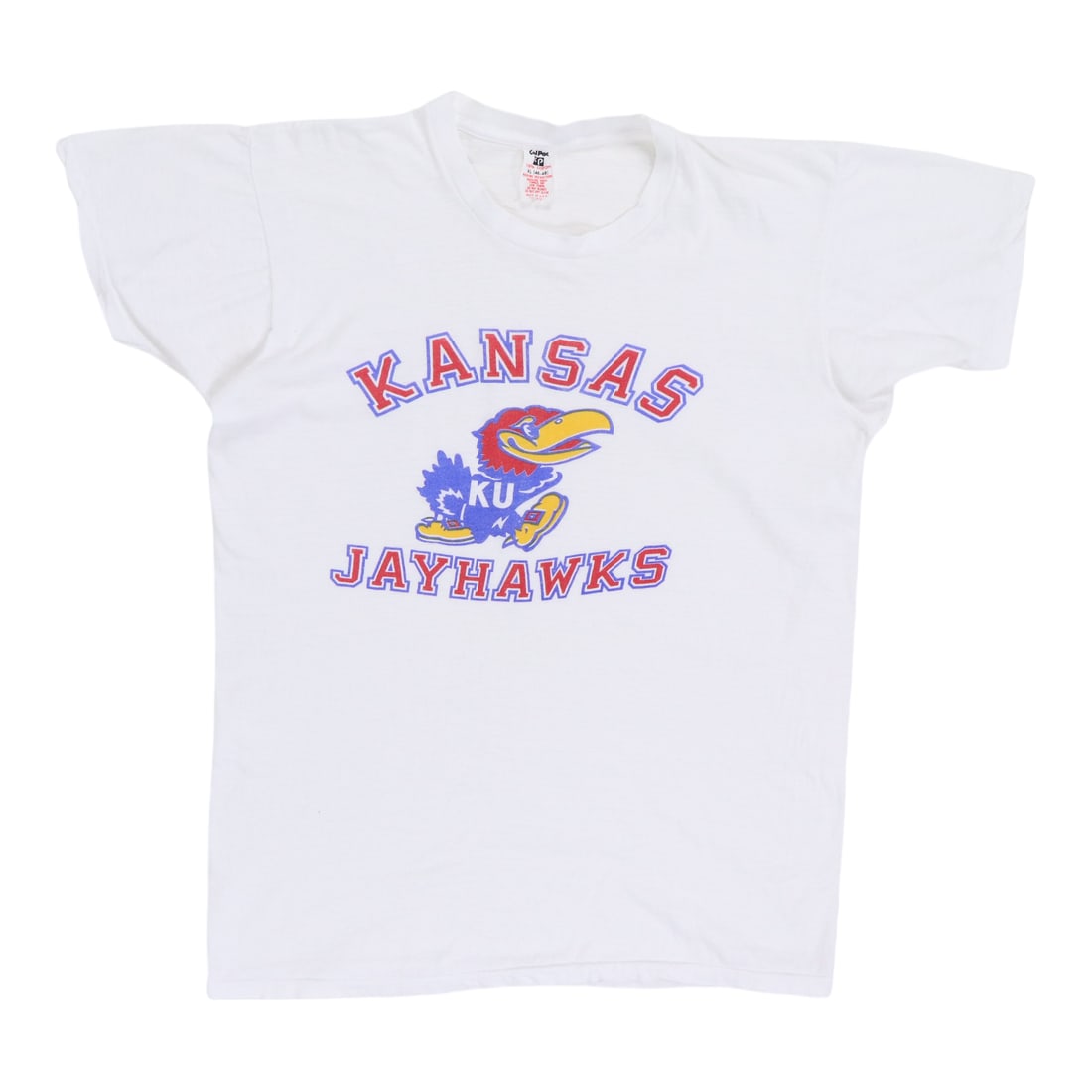 Vintage 1970s Kansas Jayhawks White Cotton Extra Large Shirt: Vintage 1970s Kansas Jayhawks White Cotton Extra Large Shirt This is an original vintage 1970s University of Kansas Jayhawks shirt, not a modern reproduction. Made from 100% cotton in white, the shirt