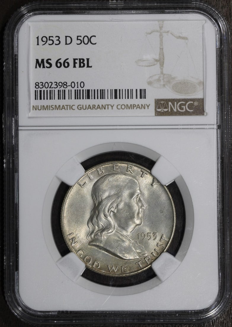NGC MS66 FBL 1953-D Franklin Silver Half Dollar 50C: NGC MS66 FBL 1953-D Franklin Silver Half Dollar 50C 1953-D Franklin Half Dollar 50C graded MS66 FBL by NGC. This pre-owned United States silver coin features the Franklin design and is struck in 0.9 f