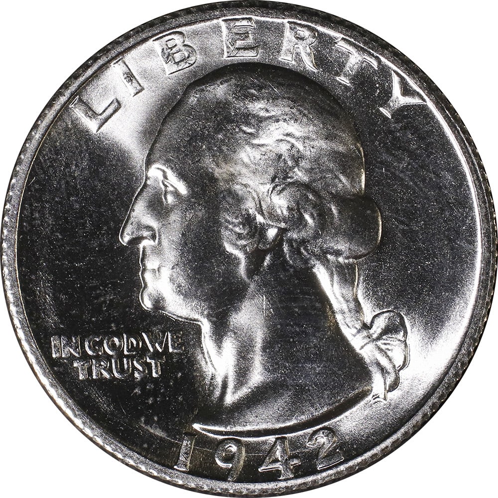 1942-S Washington Quarter Uncirculated Silver Coin Choice BU: 1942-S Washington Quarter Uncirculated Silver Coin Choice BU This 1942-S Washington Quarter is a stunning example of a Choice Brilliant Uncirculated coin. Minted in San Francisco, this quarter showcas
