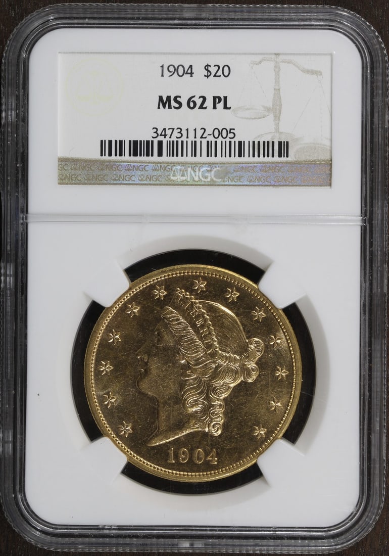 1904 NGC MS62PL Liberty Head $20 Gold Double Eagle Coin Proof-Like: 1904 NGC MS62PL Liberty Head $20 Gold Double Eagle Coin Proof-Like This 1904 Liberty Head Gold Double Eagle $20 coin features a proof-like strike and has been graded MS62PL by NGC. Struck in Philadelp