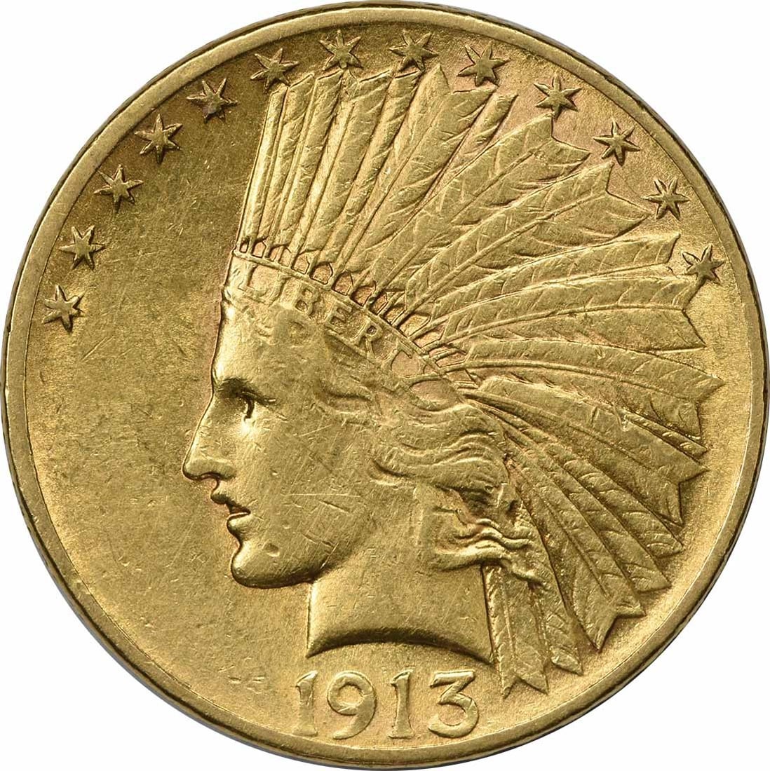 1913 $10 Gold Indian Coin AU by Augustus Saint Gaudens: 1913 $10 Gold Indian Coin AU by Augustus Saint Gaudens This 1913 $10 Gold Indian coin features a stunning design by Augustus Saint Gaudens and is a remarkable piece of American numismatic history. Min