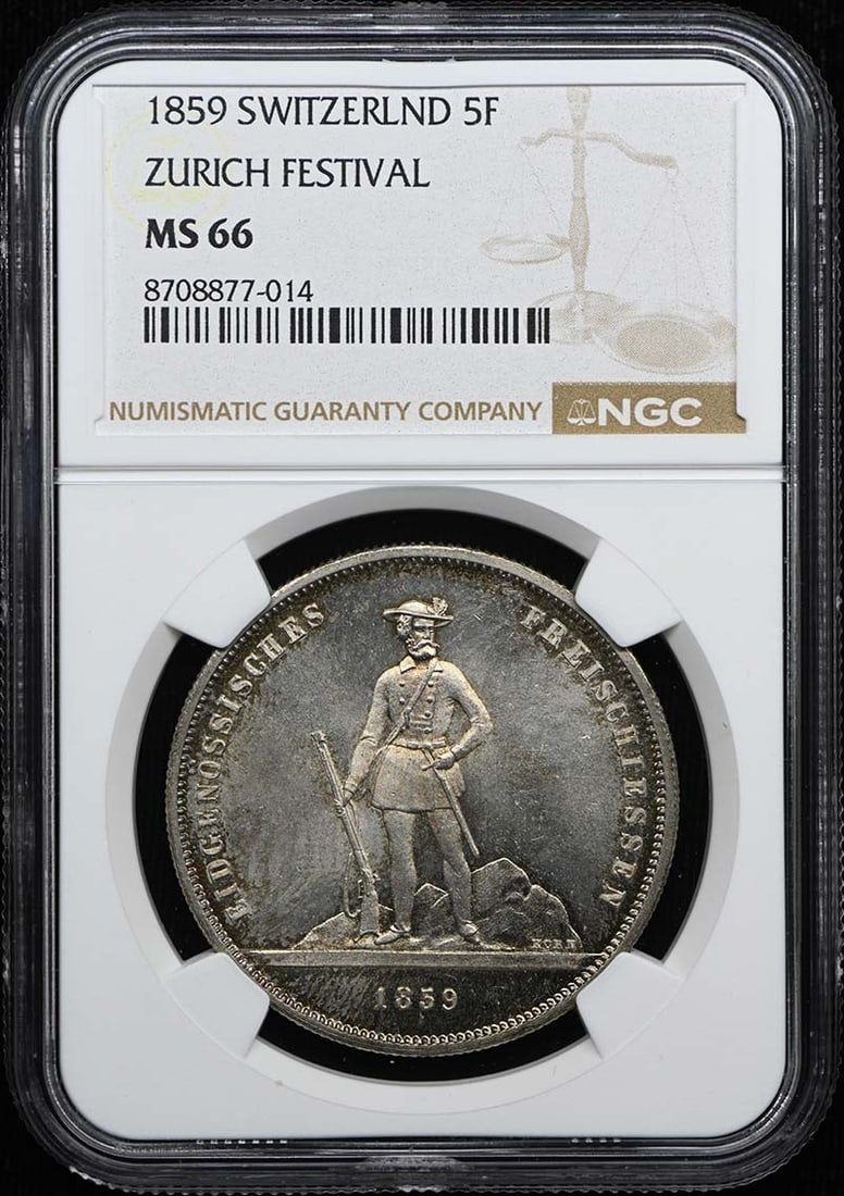 Switzerland Zurich Festival 1859 5F Coin NGC MS66 R-1723a Martin-1014: Switzerland Zurich Festival 1859 5F Coin NGC MS66 R-1723a Martin-1014 1859 Switzerland Zurich Festival 5F coin certified by NGC and graded MS66. This pre-owned example is listed as uncirculated. Speci