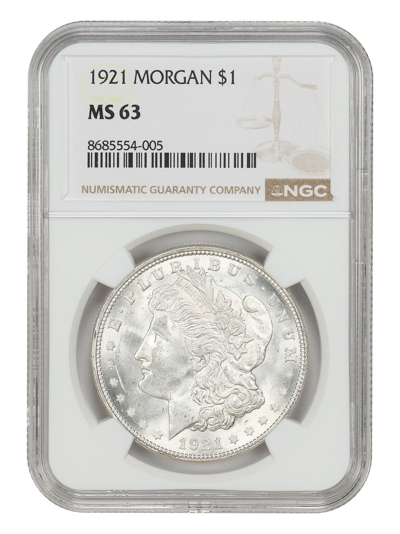 NGC MS63 1921 $1 Morgan Dollar Philadelphia Mint: NGC MS63 1921 $1 Morgan Dollar Philadelphia Mint 1921 Morgan Dollar certified by NGC in MS63 grade. This uncirculated pre-owned coin is a certified example of the classic Morgan Dollar series. Specifi