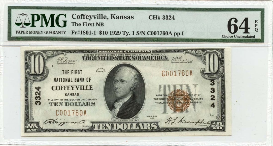 1929 $10 National Bank Note Coffeyville Kansas PMG MS64 EPQ: 1929 $10 National Bank Note Coffeyville Kansas PMG MS64 EPQ This uncirculated 1929 $10 note from The First National Bank of Coffeyville, Kansas, holds a denomination of 1801-1 and is graded MS64 by PM