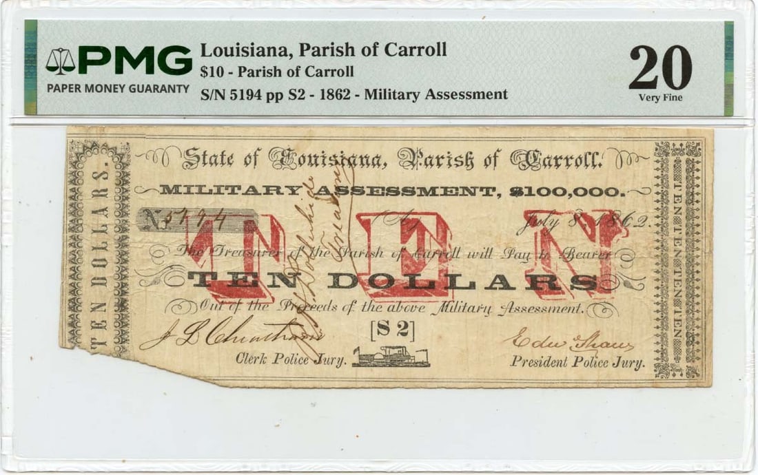 Parish of Carroll Louisiana 1862 10 Dollar Obsolete Note PMG VF20: Parish of Carroll Louisiana 1862 10 Dollar Obsolete Note PMG VF20 1862 Parish of Carroll, Louisiana obsolete note graded PMG VF20. This pre-owned, circulated example is a collectible United States not