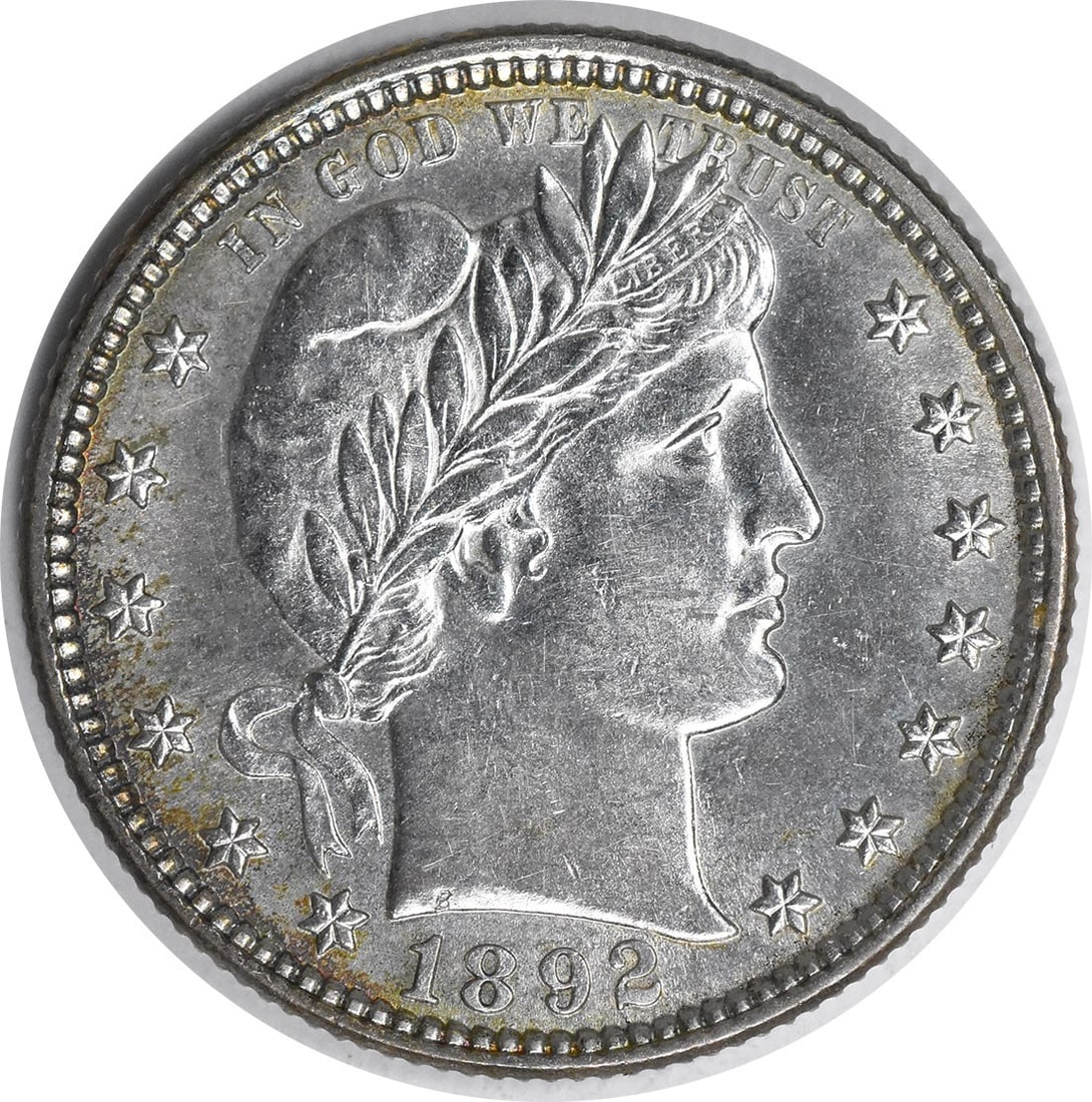 1892 Barber 25C Silver Coin BU++ Uncertified: 1892 Barber 25C Silver Coin BU++ Uncertified This 1892 Barber Silver Quarter is an uncirculated coin featuring a double die reverse (DDR) and is in BU++ condition. It is composed of silver and was min