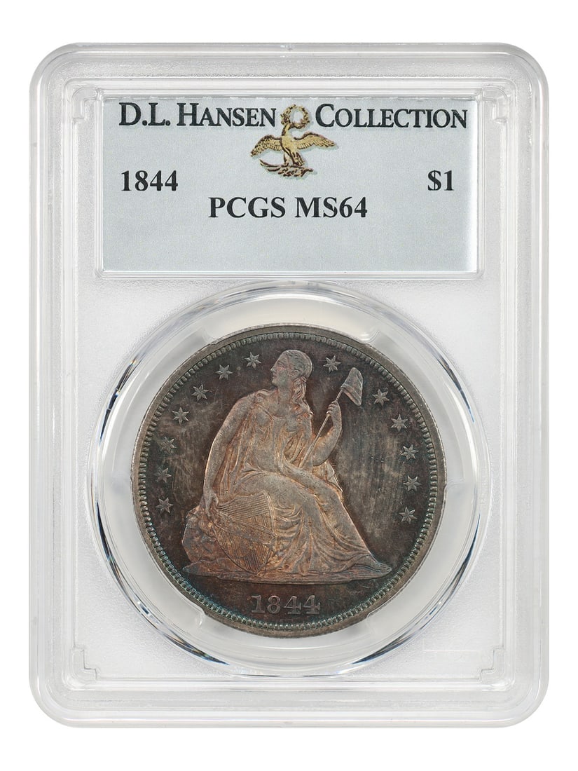 1844 Liberty Seated Dollar $1 PCGS MS64 ex D.L. Hansen: 1844 Liberty Seated Dollar $1 PCGS MS64 ex D.L. Hansen 1844 Liberty Seated Dollar graded PCGS MS64. This uncirculated Philadelphia issue is an ex: D.L. Hansen piece and an interesting high-grade survi