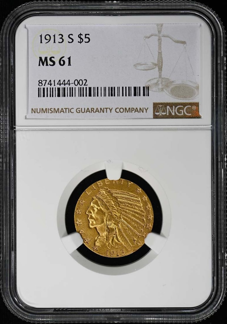 1913 San Francisco Indian Five Dollar Gold Coin NGC MS61: 1913 San Francisco Indian Five Dollar Gold Coin NGC MS61 This 1913-S Indian $5 gold coin is graded MS61 by NGC. Minted in San Francisco, it features the classic Indian Head design and is in uncirculat