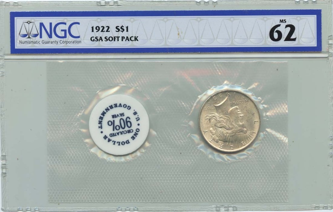 NGC MS62 1922 United States Peace Dollar S$1 GSA Soft Pack: NGC MS62 1922 United States Peace Dollar S$1 GSA Soft Pack 1922 Peace Dollar certified by NGC and graded MS62. This uncirculated United States coin is a pre-owned example of the Peace Dollar denominat