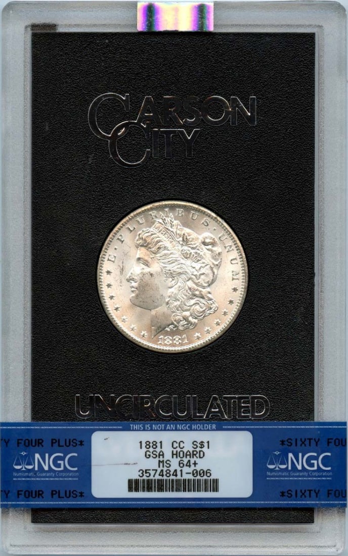NGC MS64 Plus 1881 Carson City Morgan Silver Dollar GSA Hoard: NGC MS64 Plus 1881 Carson City Morgan Silver Dollar GSA Hoard This uncirculated 1881-CC Morgan Dollar from the GSA Hoard is graded MS64+ by NGC. Struck at the Carson City Mint, this collectible coin f