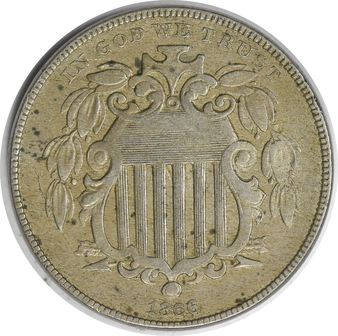 1866 5C Shield Nickel With Rays VF Philadelphia Uncertified: 1866 5C Shield Nickel With Rays VF Philadelphia Uncertified 1866 Shield Nickel with rays, issued for the United States in circulated VF condition. This uncertified 5-cent coin is a pre-owned example o
