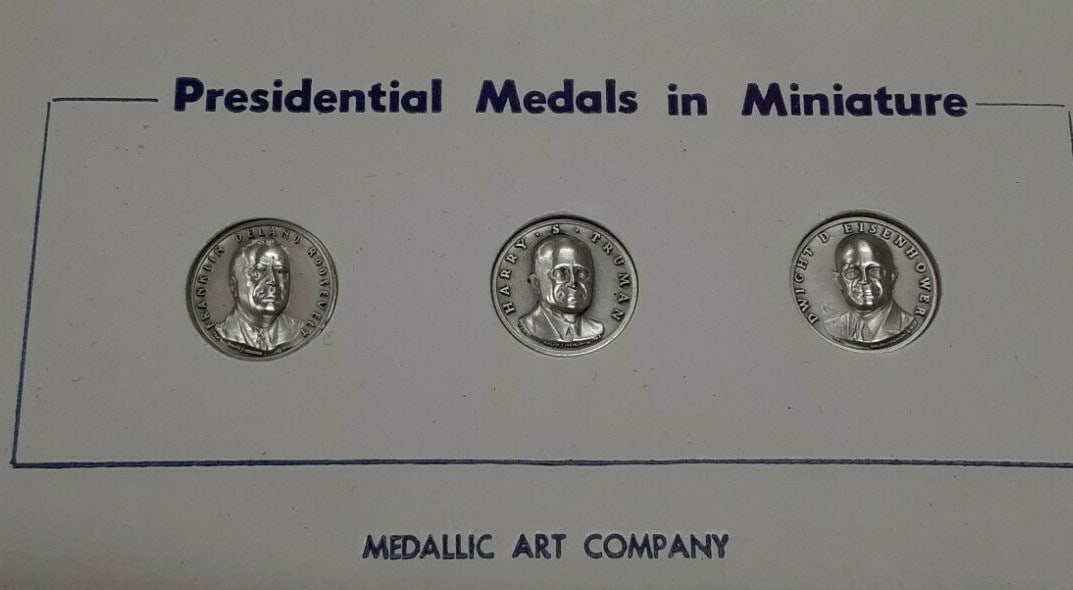 Sterling Silver Medal Set Featuring FDR Truman and Eisenhower by MACO: Sterling Silver Medal Set Featuring FDR Truman and Eisenhower by MACO This set features three high relief miniature presidential medals commemorating Franklin D. Roosevelt, Harry S. Truman, and Dwight