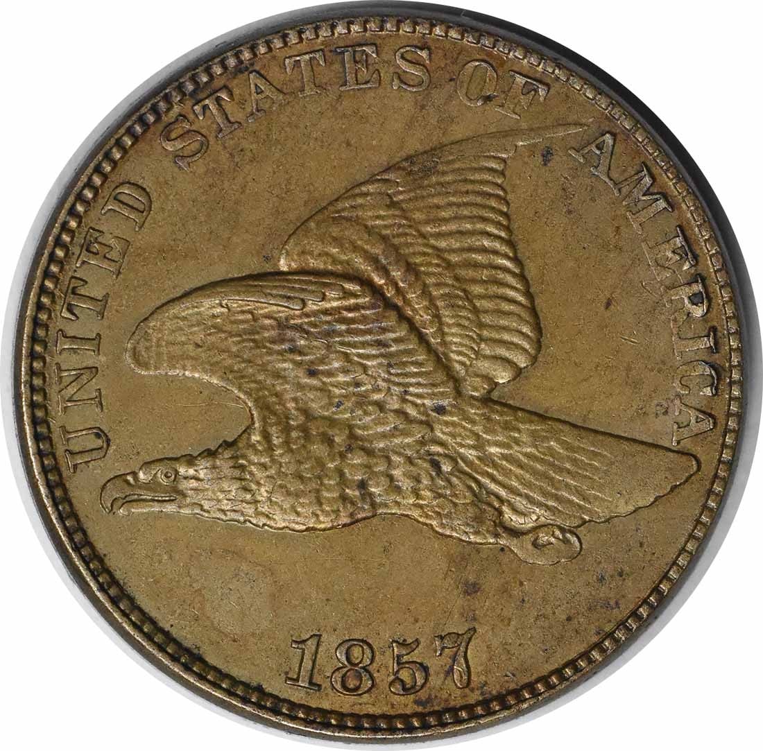 1857 Flying Eagle Cent AU Uncertified Copper Nickel Coin: 1857 Flying Eagle Cent AU Uncertified Copper Nickel Coin This 1857 Flying Eagle Cent is a remarkable piece of numismatic history, showcasing the iconic design by James Barton Longacre. It is graded as