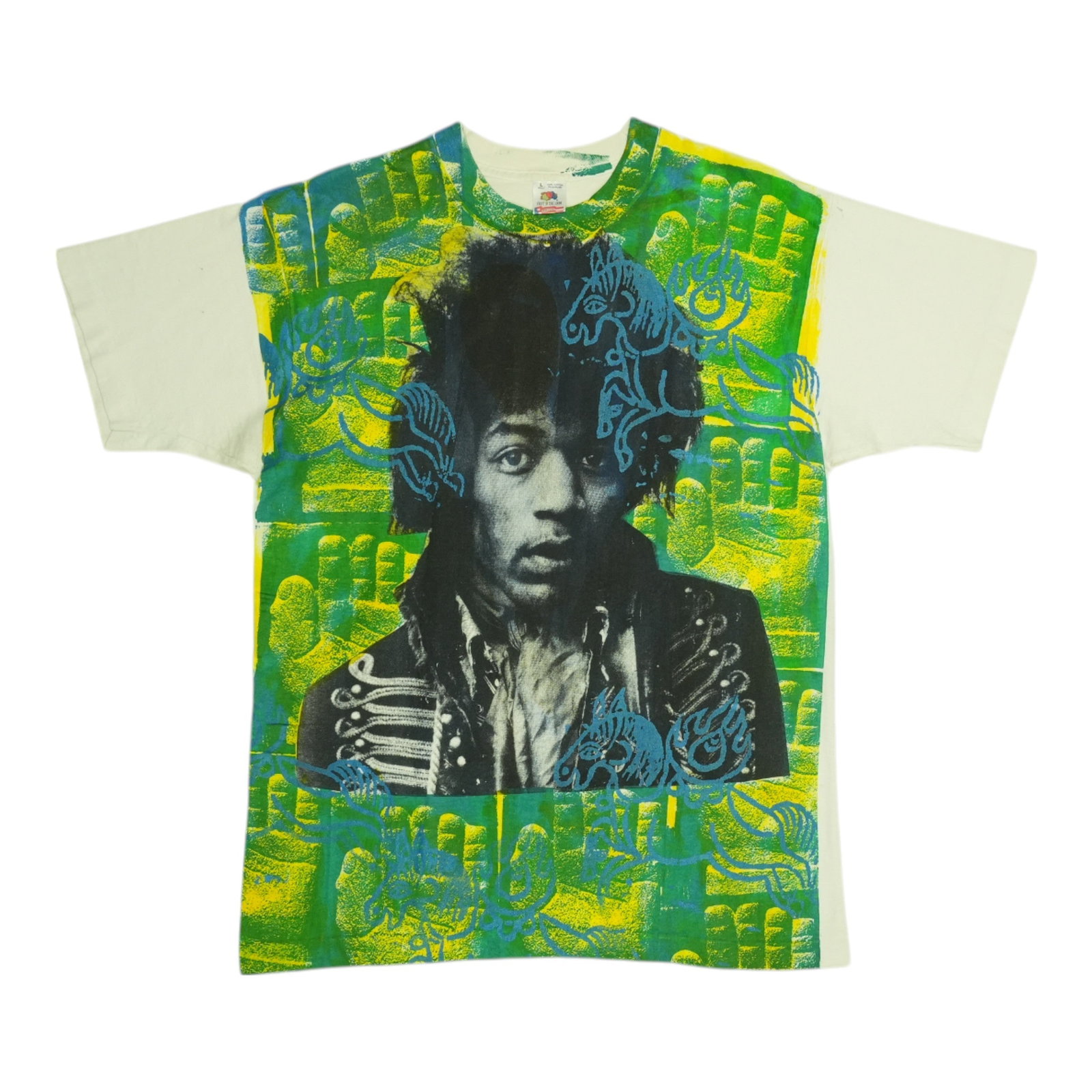 Vintage 1990s Mike Roman Jimi Hendrix Cotton All Over Print T Shirt: Vintage 1990s Mike Roman Jimi Hendrix Cotton All Over Print T Shirt This is an original vintage 1990s Jimi Hendrix Mike Roman all over print shirt, not a modern reproduction. The shirt features graphi
