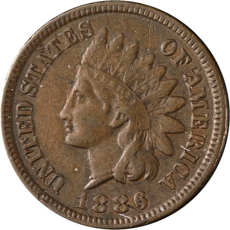 1886 Copper Indian Head Cent Choice XF: 1886 Copper Indian Head Cent Choice XF This 1886 Type 1 Indian Cent is a circulated coin from the United States, composed of copper. Graded as Choice XF (Extremely Fine), it features strong eye appeal