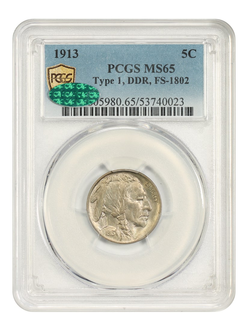 Buffalo Nickel 1913 Type 1 5C PCGS CAC MS65 FS-1802 DDR: Buffalo Nickel 1913 Type 1 5C PCGS CAC MS65 FS-1802 DDR 1913 Buffalo Nickel, Type 1, DDR, FS-1802, certified by PCGS and CAC. CAC has only endorsed two finer examples for the variety. This uncirculate