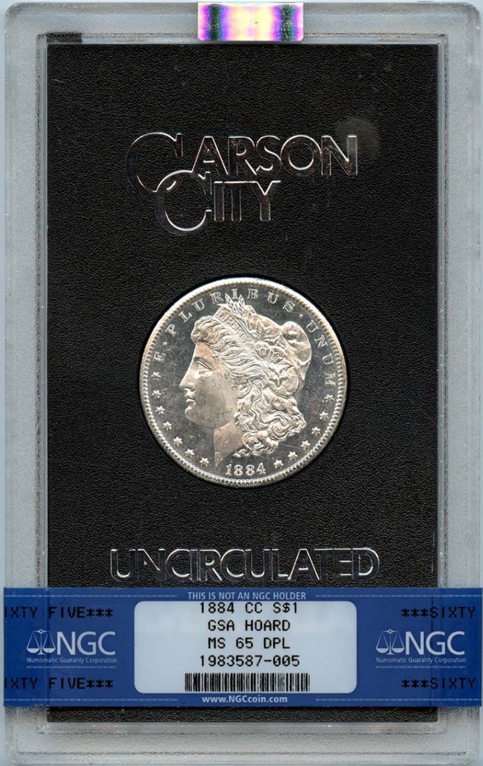 NGC MS65 DMPL 1884 Carson City Morgan Dollar from GSA Hoard: NGC MS65 DMPL 1884 Carson City Morgan Dollar from GSA Hoard This is an 1884-CC Morgan Dollar from the GSA Hoard, certified by NGC with a grade of MS65DMPL. Minted in Carson City, this uncirculated sil
