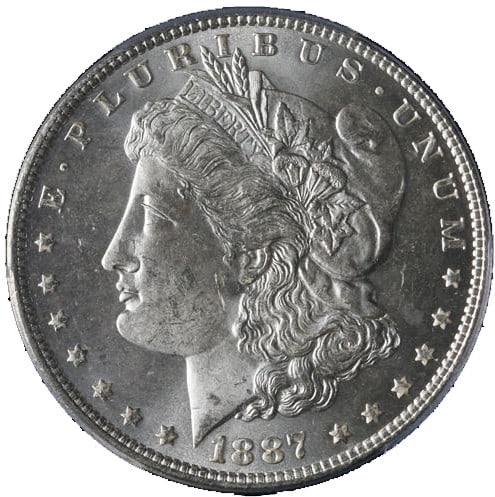 PCGS MS64 1887 Morgan Dollar Philadelphia Mint Silver Coin: PCGS MS64 1887 Morgan Dollar Philadelphia Mint Silver Coin This 1887-P Morgan Silver Dollar is certified by PCGS with a grade of MS64. The coin is uncirculated, composed of silver with a fineness of 0
