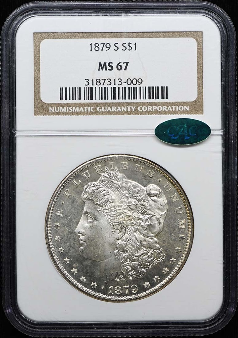 NGC MS67 CAC 1879-S Morgan Silver Dollar: NGC MS67 CAC 1879-S Morgan Silver Dollar 1879-S Morgan Dollar graded MS67 by NGC with CAC approval. This pre-owned coin is listed as uncirculated and was minted in San Francisco. Specifications Coin T