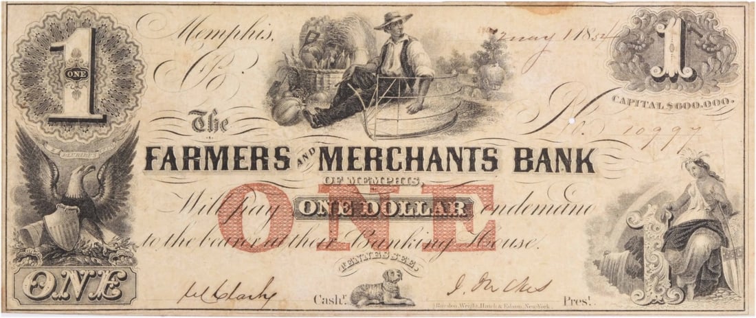 1854 Memphis Farmers and Merchants Bank $1 Note TN1090-05 EF (1 of 2)