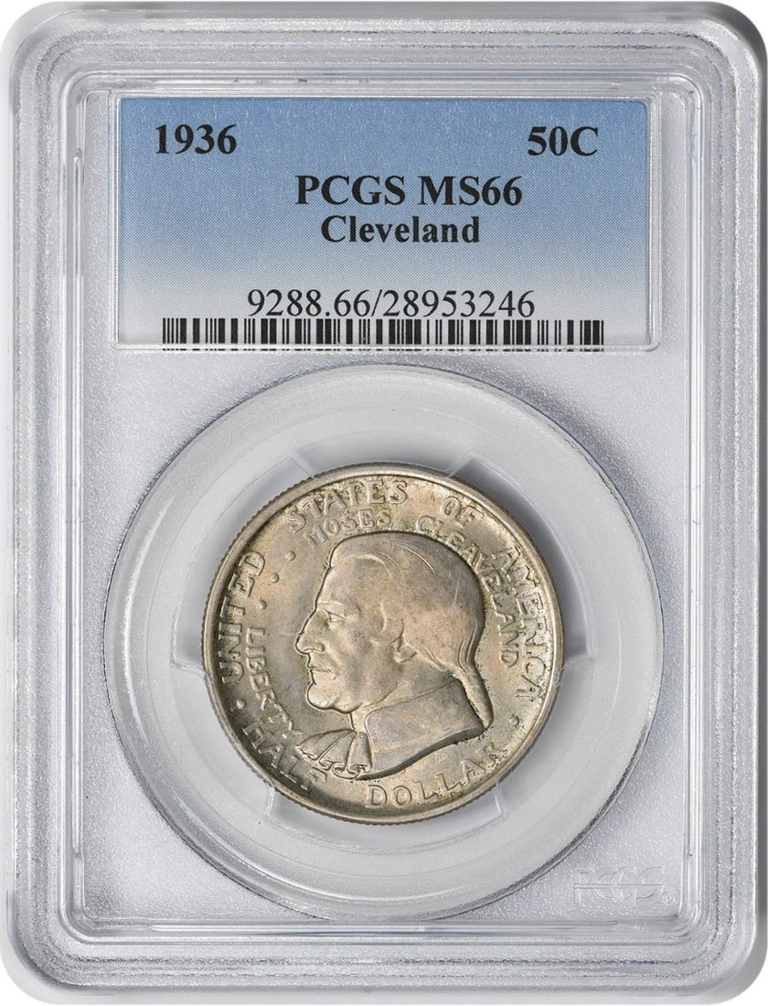 1936 Cleveland Commemorative Half Dollar MS66 PCGS 90% Silver: 1936 Cleveland Commemorative Half Dollar MS66 PCGS 90% Silver This 1936 Cleveland Commemorative Half Dollar is a remarkable piece graded MS66 by PCGS, indicating its exceptional quality. Struck in Phi