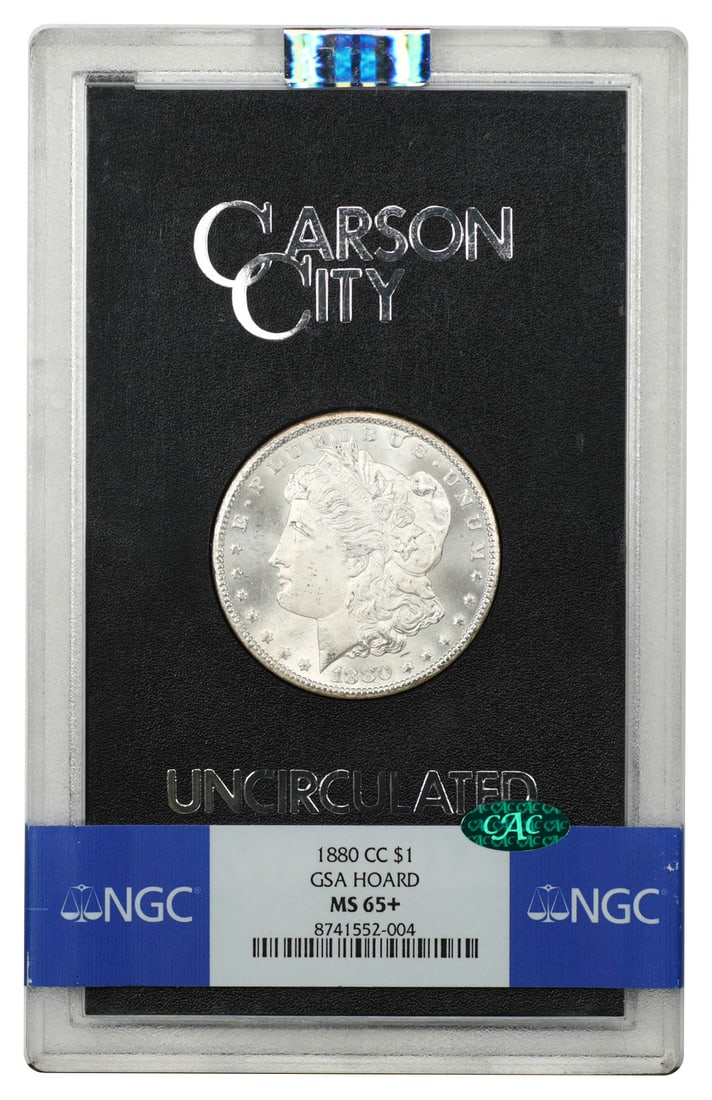 1880 Carson City Morgan Dollar $1 NGC MS65+ CAC GSA Holder: 1880 Carson City Morgan Dollar $1 NGC MS65+ CAC GSA Holder 1880 Carson City Morgan Dollar in uncirculated condition, graded NGC MS65+ with CAC approval. This GSA example is housed in the original hard