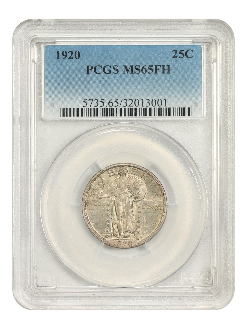 PCGS MS65FH 1920 25C Standing Liberty Quarter: PCGS MS65FH 1920 25C Standing Liberty Quarter 1920 Standing Liberty Quarter, denomination 25C, struck at the Philadelphia Mint. Certified by PCGS as MS65FH, with certification number 32013001. The coi