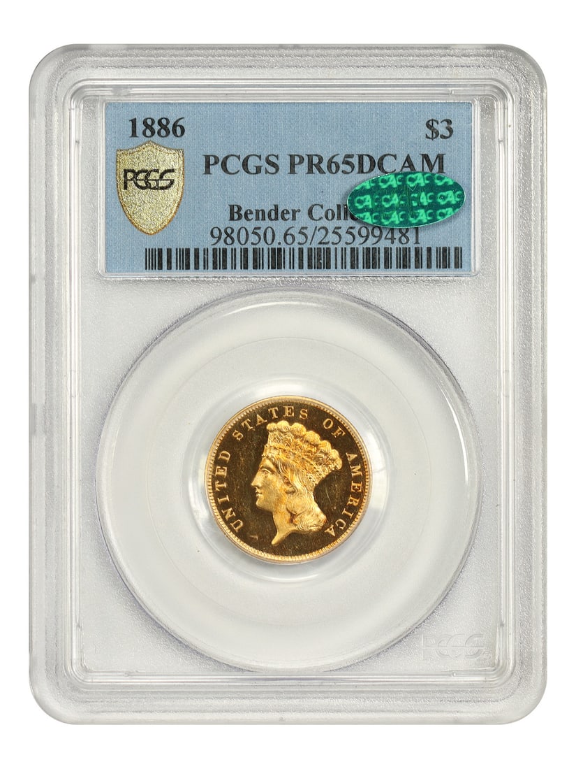1886 $3 Gold Coin PCGS PR65DCAM CAC Bender Collection (1 of 5)