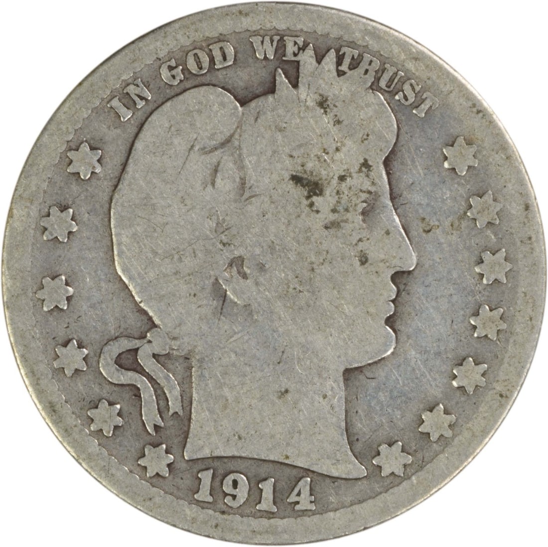 1914 San Francisco Barber Quarter 90 Percent Silver Uncertified Coin: 1914 San Francisco Barber Quarter 90 Percent Silver Uncertified Coin This is a 1914-S Barber Quarter from the San Francisco Mint. The coin is circulated and has a grade of Good. It is composed of 90% 
