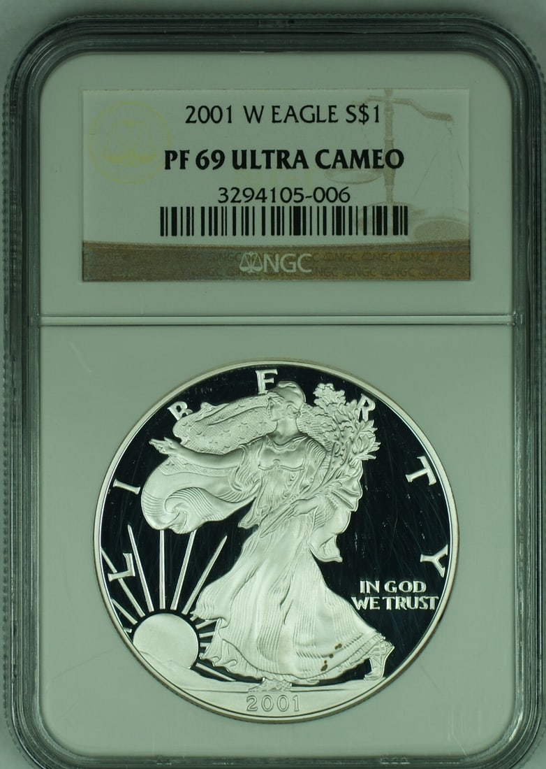 NGC Graded 2001-W Proof Silver Eagle Dollar PR 69 Ultra Cameo: NGC Graded 2001-W Proof Silver Eagle Dollar PR 69 Ultra Cameo This 2001-W American Proof Silver Eagle $1 coin is a commemorative issue graded PF 69 Ultra Cameo by NGC. The coin features a proof strike