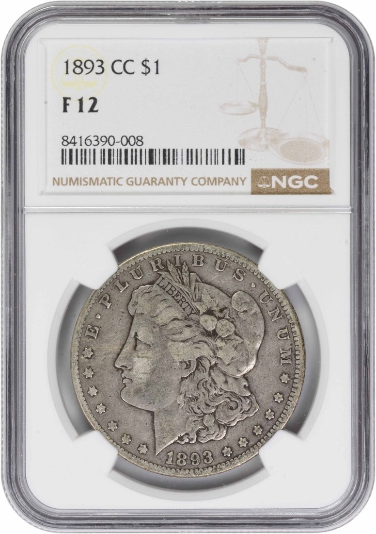 1893 Carson City Morgan Dollar Fine 12 Grade Certified by NGC: 1893 Carson City Morgan Dollar Fine 12 Grade Certified by NGC This 1893-CC Morgan Silver Dollar is certified by NGC with a grade of F12. Struck at the Carson City Mint, it features a composition of 90