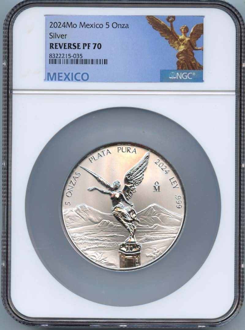 2024 Mexico Silver Libertad 5 Onza NGC Reverse Proof 70 Coin: 2024 Mexico Silver Libertad 5 Onza NGC Reverse Proof 70 Coin This 2024 Mexico Libertad 5 Onza silver coin is certified by NGC with a grade of RP70. The coin is un-used and originates from Mexico. It i