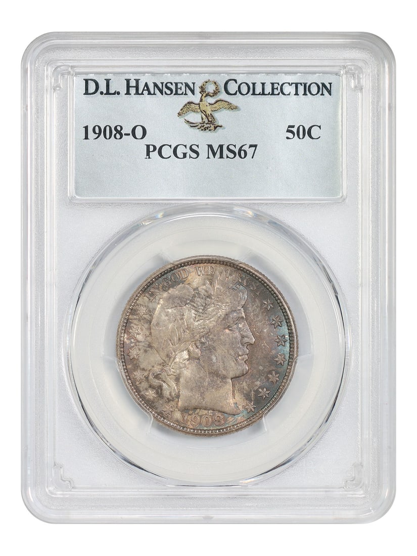 PCGS MS67 1908 O Barber Half Dollar ex D.L. Hansen: PCGS MS67 1908 O Barber Half Dollar ex D.L. Hansen 1908-O Barber Half Dollar certified by PCGS as MS67 and presented in a protective holder. This uncirculated example is described as having electric b
