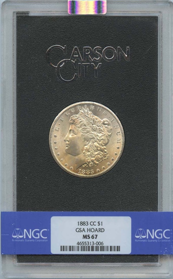 NGC MS67 1883 Carson City Morgan Silver Dollar GSA Hoard: NGC MS67 1883 Carson City Morgan Silver Dollar GSA Hoard This 1883-CC Morgan Dollar is part of the GSA Hoard and has been graded MS67 by NGC. Minted in Carson City, this uncirculated coin is a notable