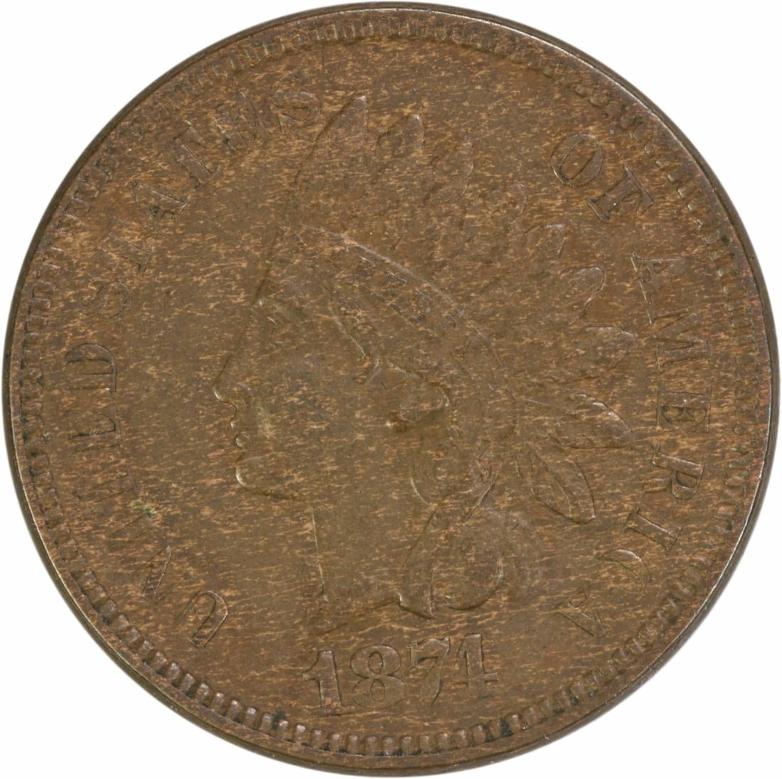 1874 Indian Head Cent EF Grade 95 Percent Copper Uncertified Coin: 1874 Indian Head Cent EF Grade 95 Percent Copper Uncertified Coin This 1874 Indian Head Cent is a circulated example from the Philadelphia Mint, featuring the classic design by James Barton Longacre. 