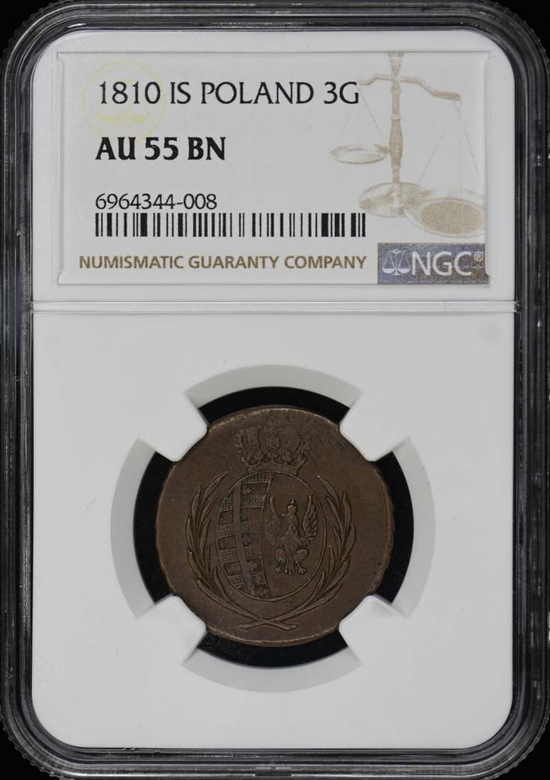 1810 Poland 3 Groszy Coin NGC AU55 Certified Rare: 1810 Poland 3 Groszy Coin NGC AU55 Certified Rare This 1810 Poland 3 Groszy coin is certified by NGC with an AU55 grade, indicating it is in circulated condition yet retains significant detail. This p