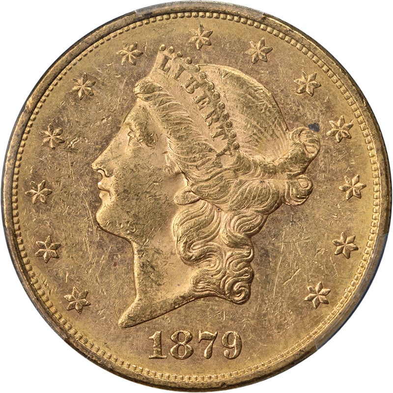 PCGS MS60 1879-S $20 Liberty Gold Double Eagle Uncirculated Coin: PCGS MS60 1879-S $20 Liberty Gold Double Eagle Uncirculated Coin This 1879-S Liberty Gold $20 coin is graded PCGS MS60 and features attractive luster and a strong strike. The coin displays nice color 