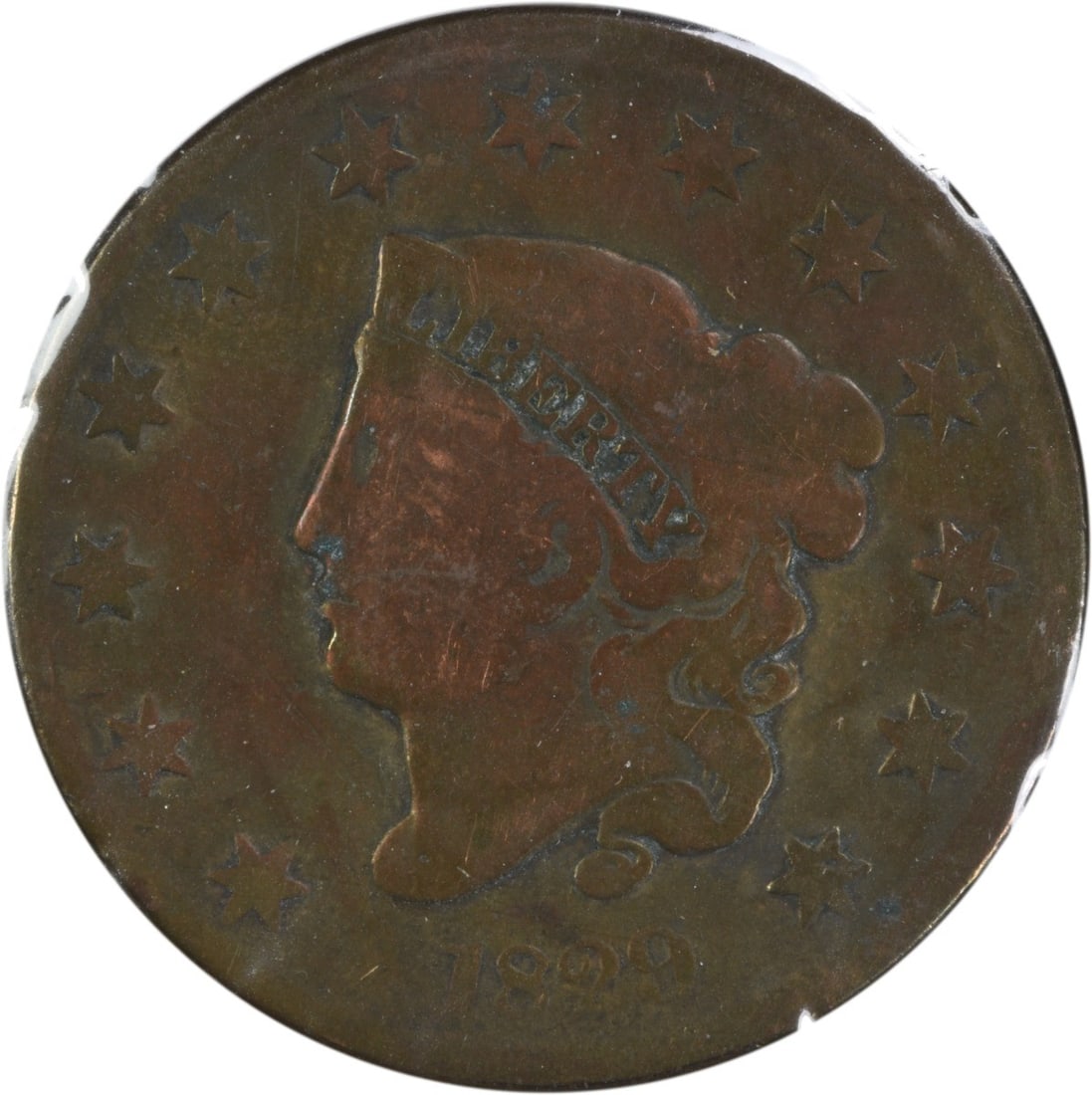 1829 Coronet Head Copper Large Cent N-5 Variety VG Grade Uncertified: 1829 Coronet Head Copper Large Cent N-5 Variety VG Grade Uncertified This 1829 Large Cent features the Coronet Head design by Robert Scot. Struck in Philadelphia, this circulated coin is composed of c