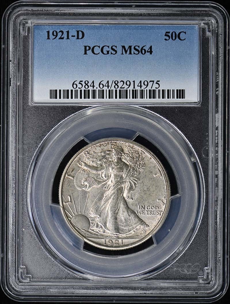 PCGS MS64 1921-D Walking Liberty Half Dollar: PCGS MS64 1921-D Walking Liberty Half Dollar This is a 1921-D Walking Liberty Half Dollar, graded MS64 by PCGS. The coin is uncirculated and was minted in Denver. It features the classic Walking Liber